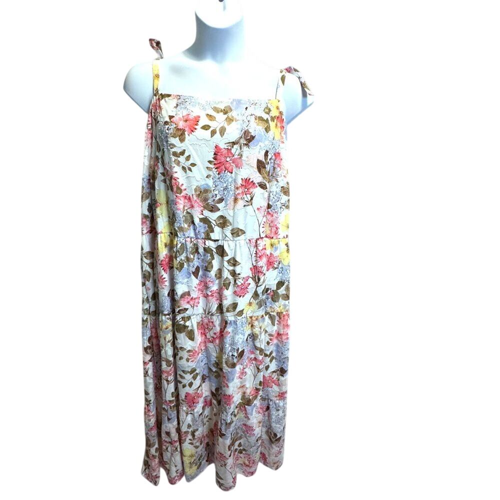 Lane Bryant Cottagecore Floral Tie Strap Maxi Dress 24 Plus Size Tiered Sundress